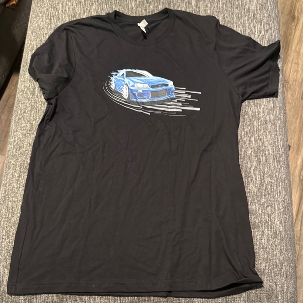 Black Graphic T-Shirt with Blue Car Design